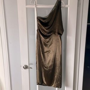 REISS olive velvet / sheer midi one shoulder evening dress